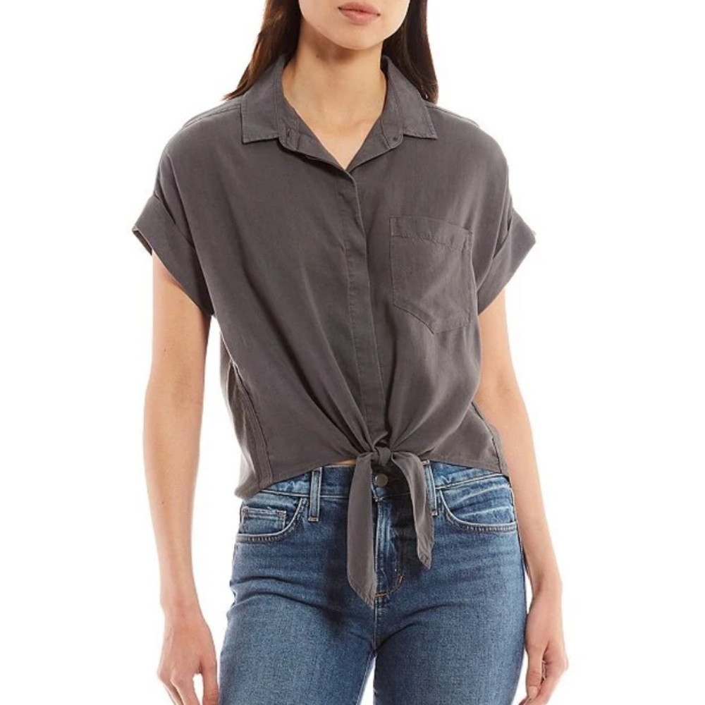 ANTHROPOLOGIE Cloth & Stone Tie Front Button Down in Black | Size XS